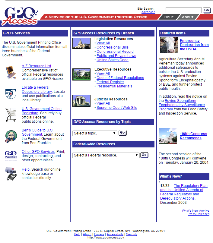 Screenshot of the GPO Access website homepage in 2004.