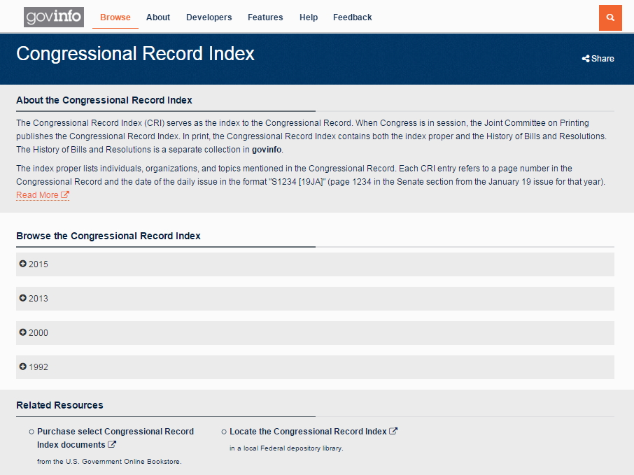 Browse the Congressional Record Index.