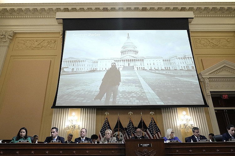 Tarrio’s video appears on a screen during a Select Committee hearing on June 09, 2022.