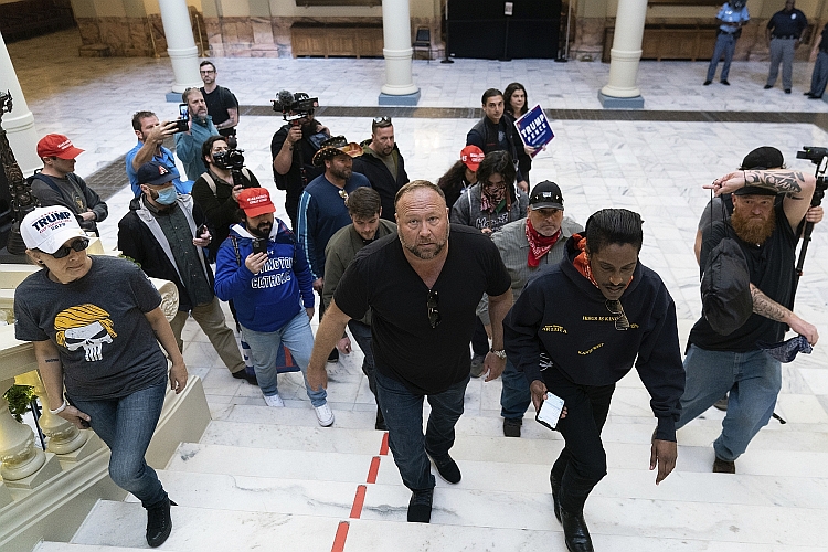 Alex Jones and Ali Alexander inside the Georgia State Capitol during a “Stop the Steal” rally on November 18, 2020 in Atlanta, Georgia.