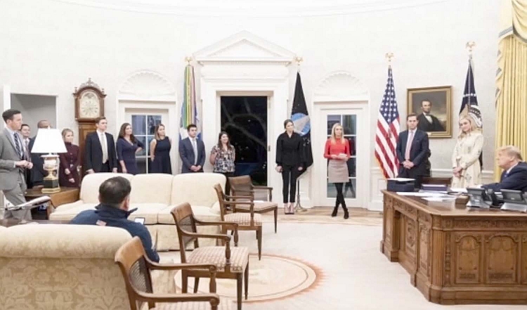 President Trump and members of his staff in the Oval Office on the evening of January 5, 2021.