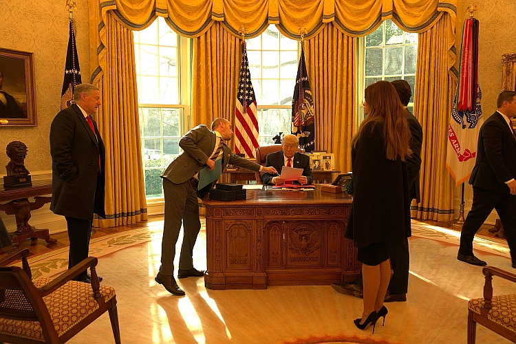 President Trump speaks with speechwriter Stephen Miller about his Ellipse speech in the Oval Office on the morning of January 6, 2021.