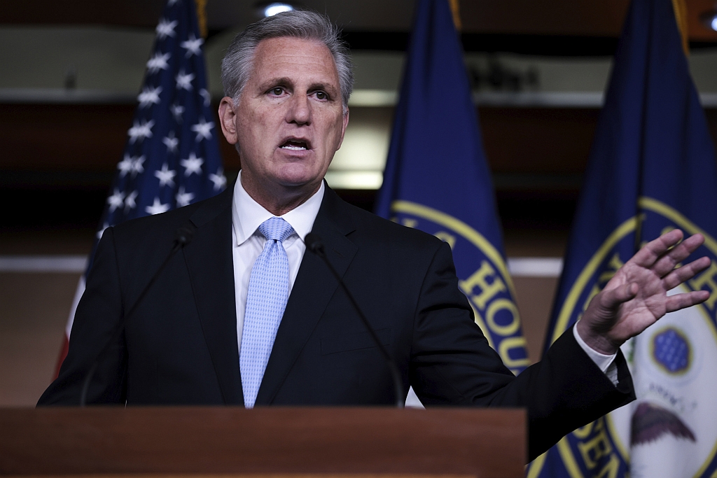 Kevin McCarthy speaks at a press conference at the Capitol building on August 27, 2021.
