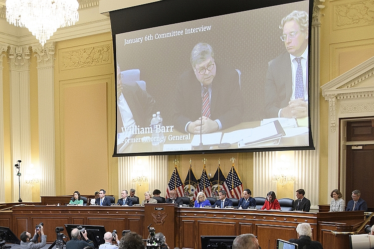 Taped footage of William Barr speaking to the January 6th Select Committee is shown at one of its hearings.