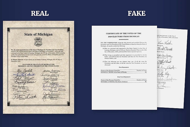 Graphic depicting the difference between the real and the fake elector certificates.