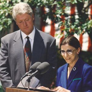 President Clinton with Supreme Court nominee Ruth Bader Ginsburg in the Rose Garden, June 14, 1993