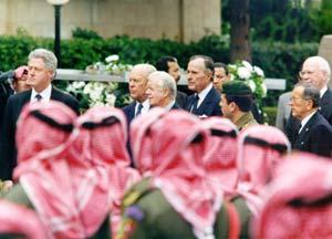 Attending the funeral of King Hussein I of Jordan with former Presidents Gerald R. Ford, Jimmy Carter, and George Bush in Amman