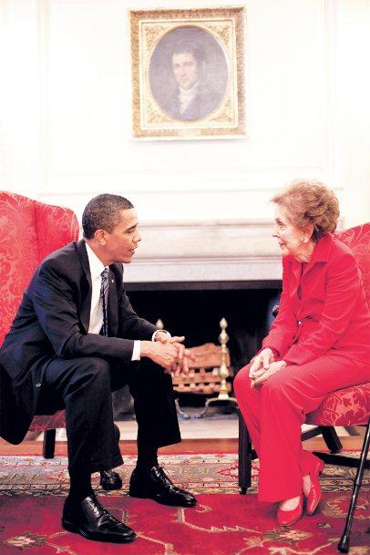 Former First Lady Nancy Reagan meeting with President Obama prior to a bill signing ceremony for The Ronald Reagan Centennial Commission Act in the Map Room at the White House, June 2.