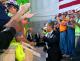 Greeting workers at the One World Trade Center site in New York City, June 14.