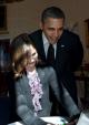 Watching as Hannah Wyman of Leominster, MA, demonstrates her science fair project in the Blue Room at the White House, February 7.