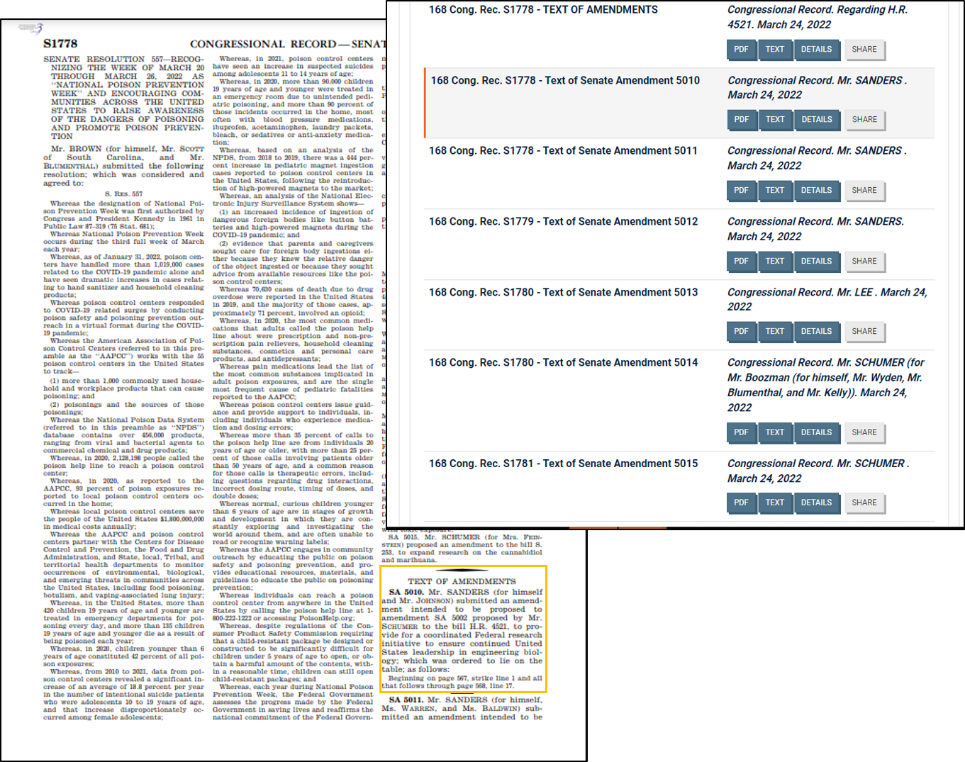 Images of Congressional Record page and Senate Amendment section with a list of other Senate amendments.