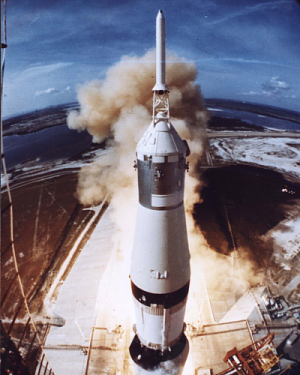 Apollo 11 liftoff from launch tower camera; Source: NASA.