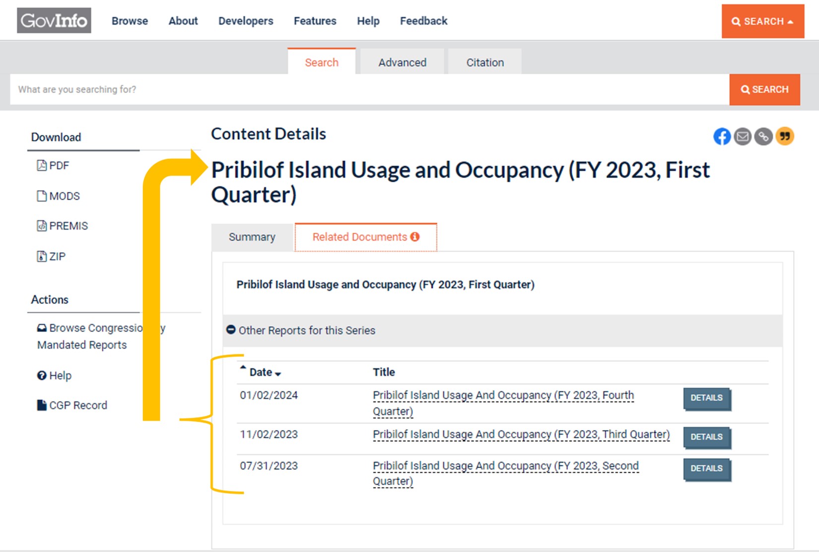 Image showing Related Congressionally Mandated Reports on a CMR details page.