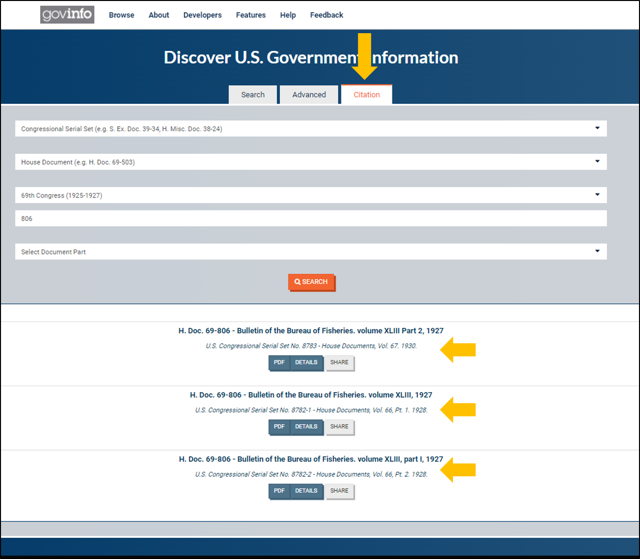 Image of the Citation tab form and example of multiple results.