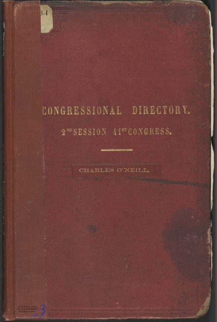 Congressional Directory book cover from the 1869 (2nd Session of the 41st Congress).'