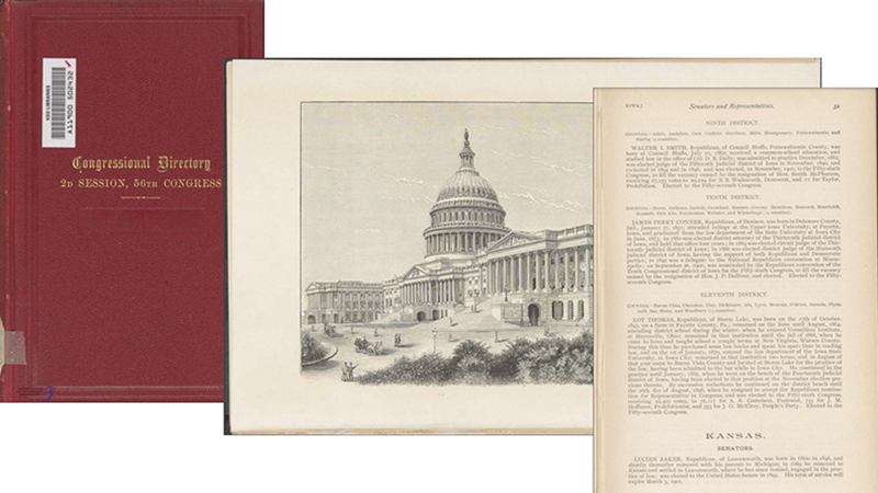 Congressional Directory book cover and pages from the 1900 (2nd Session of the 56th Congress).