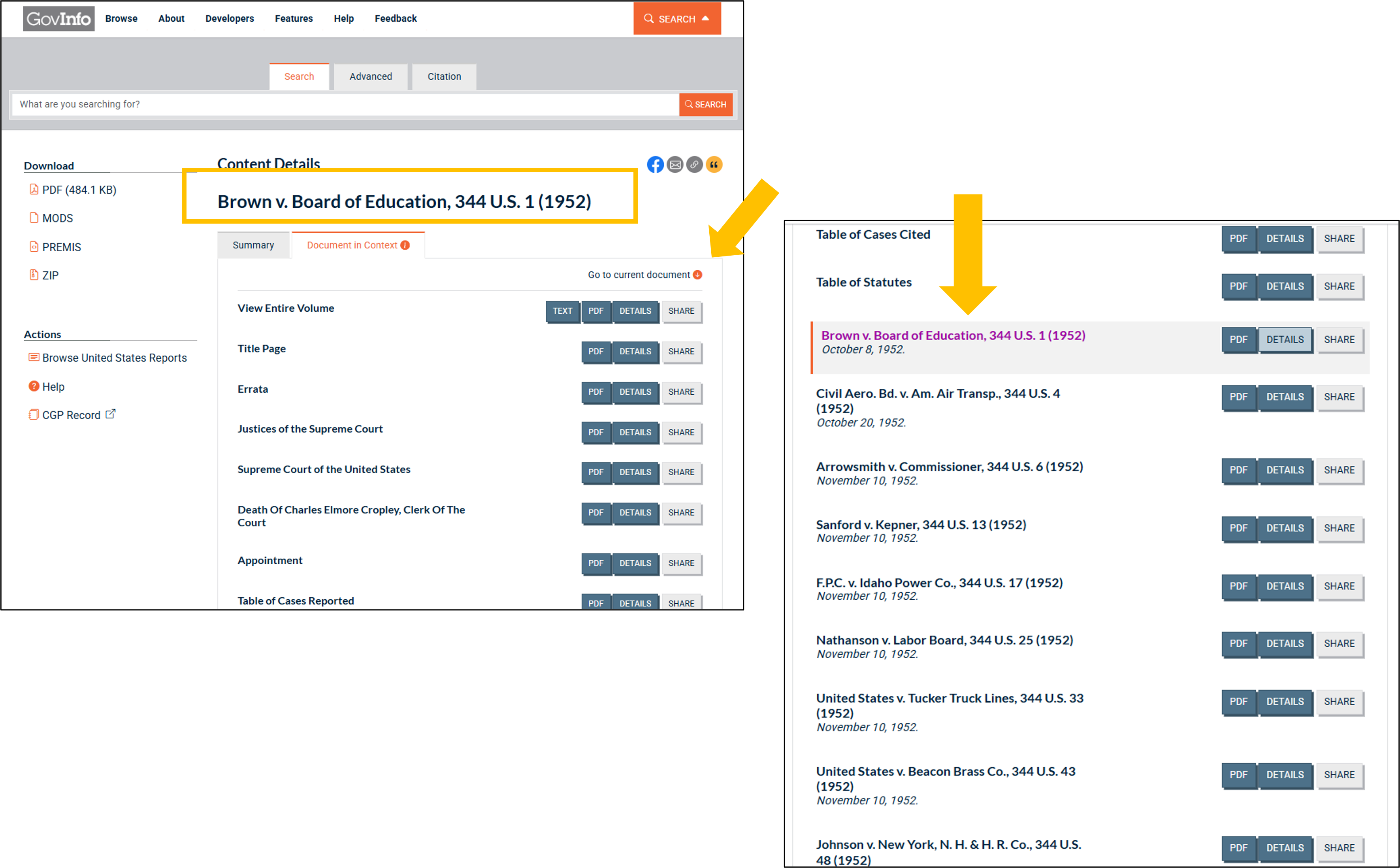Image displaying the 'jump to document' on the Document in Context tab.. Source: GPO