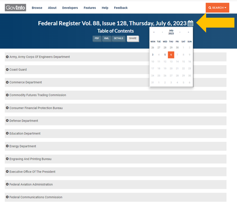 Screen capture of FR TOC date picker.
