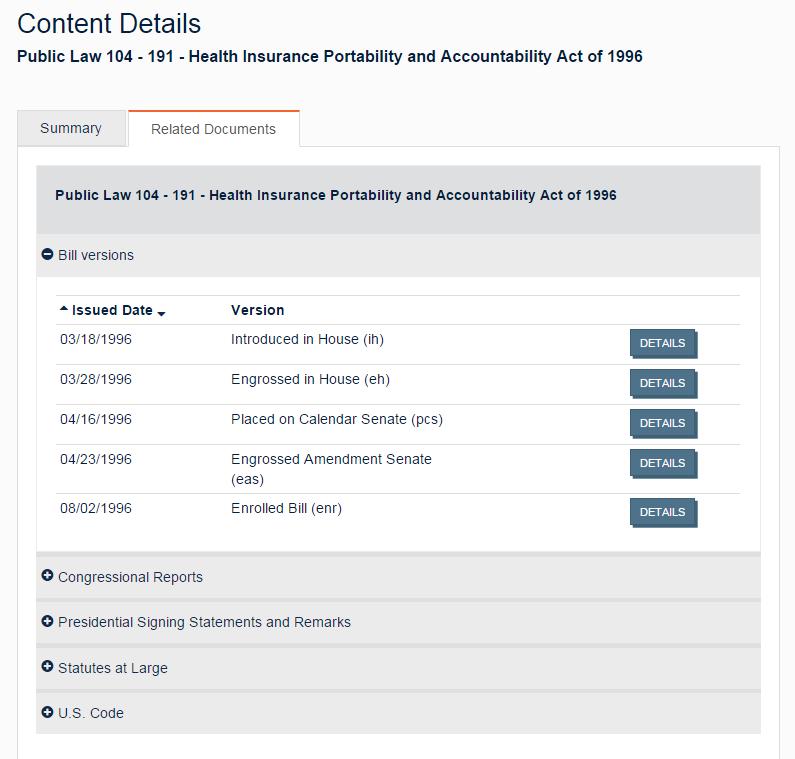The Related Documents tab on the Content Details page of the Health Insurance Portability and Accountability Act of 1996.
