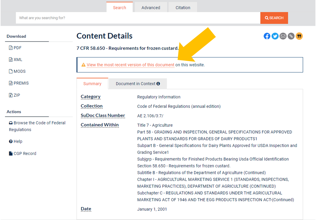 Screen capture of recent version of the CFR.