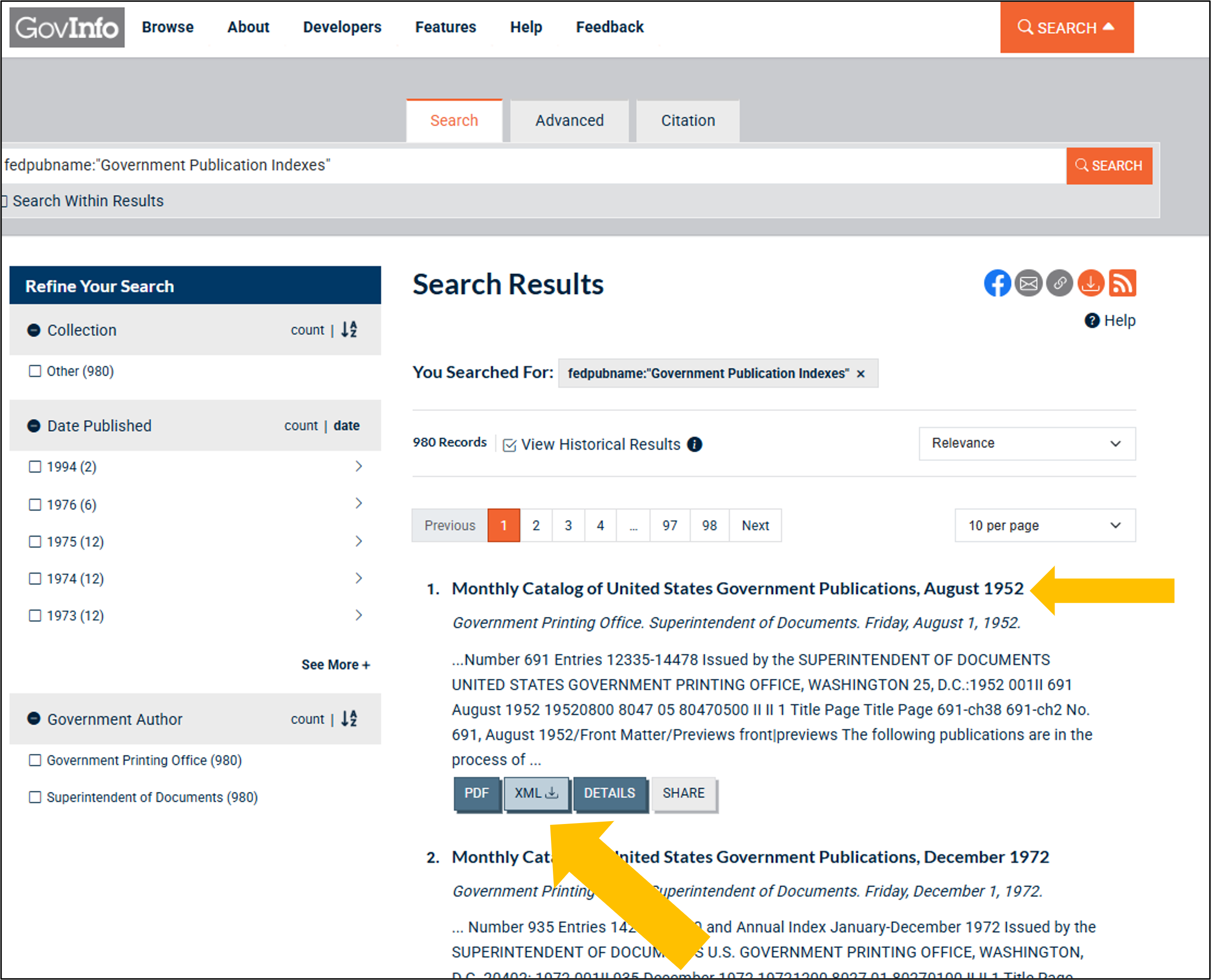 Image of a MoCat title in XML from search results. Source: GPO