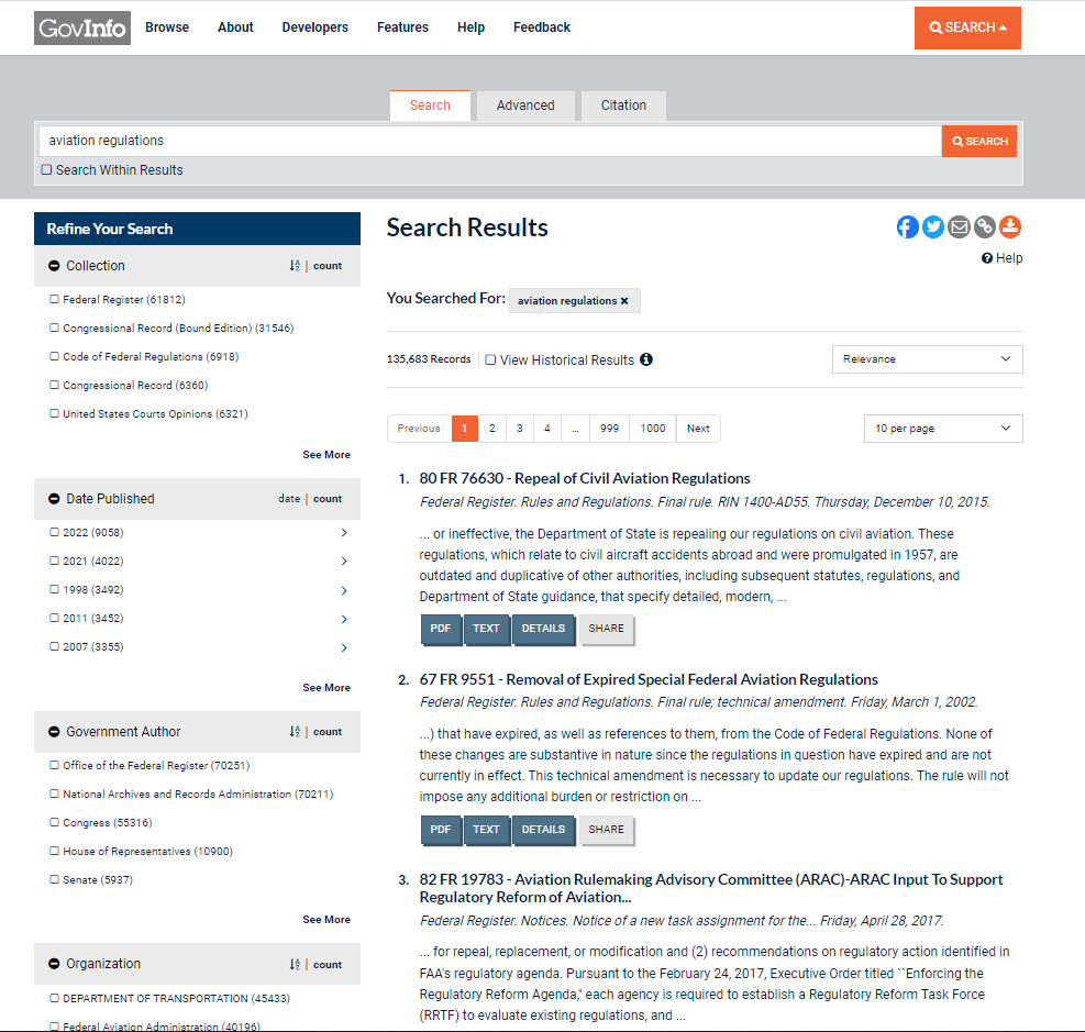 Screen capture of new search results.
