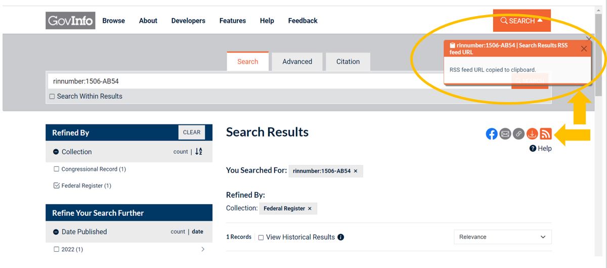 Screen capture of RSS Search Results. Source: GPO