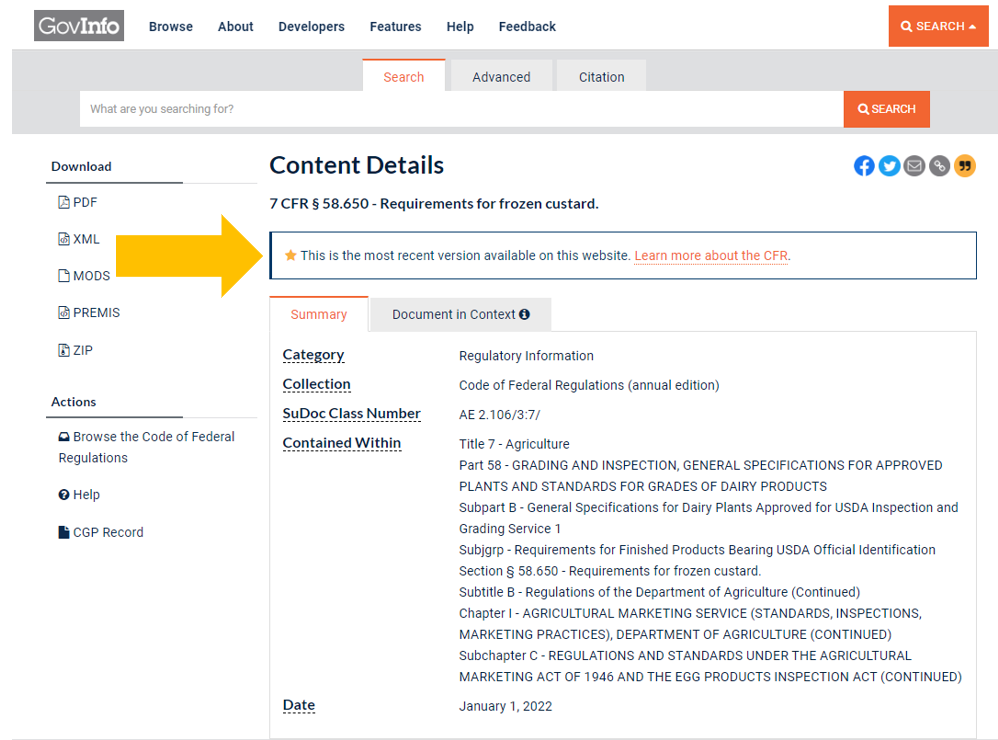 Screen capture of recent version of the CFR.