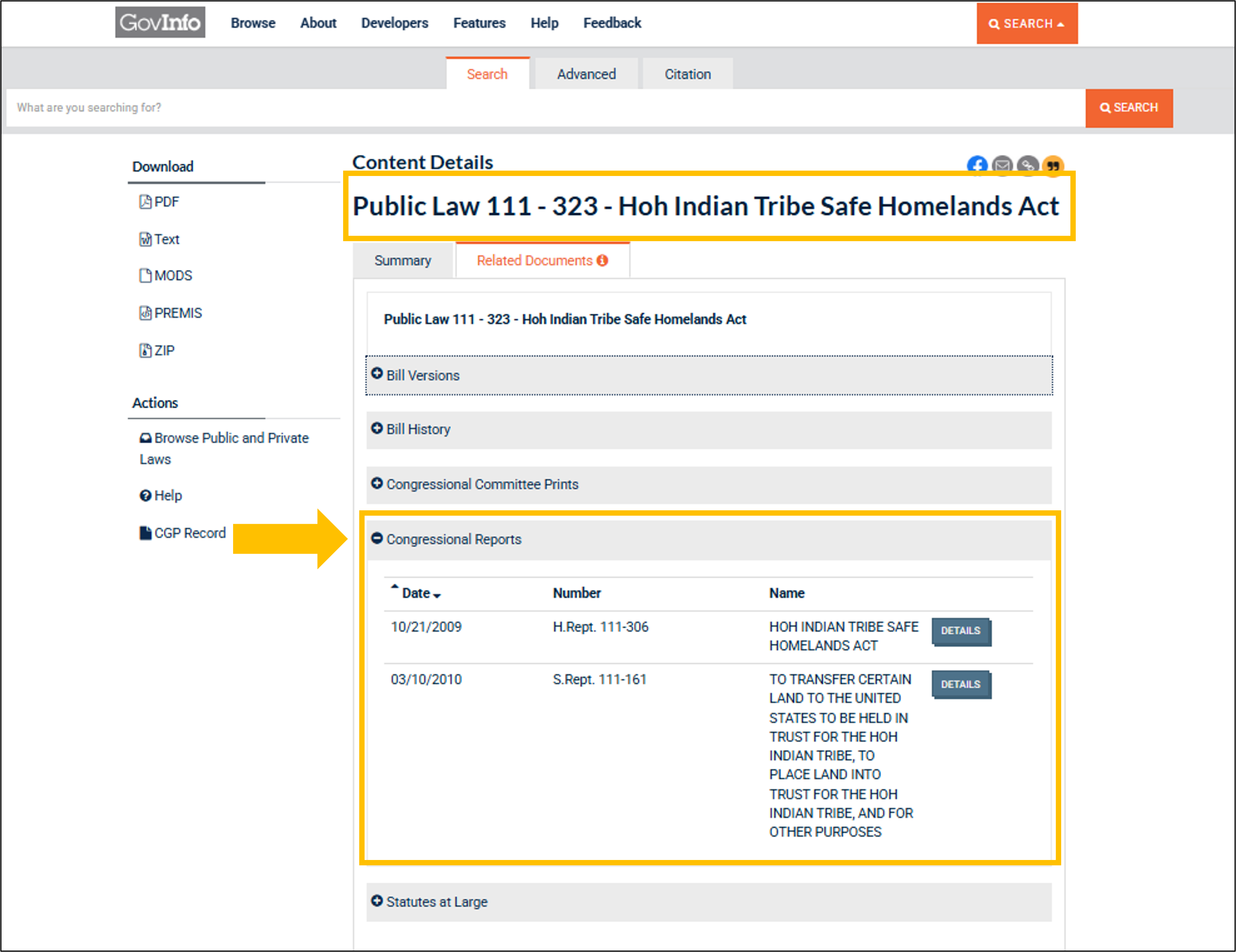 Image of the Related Documents display for reports on laws details pages. Source: GPO