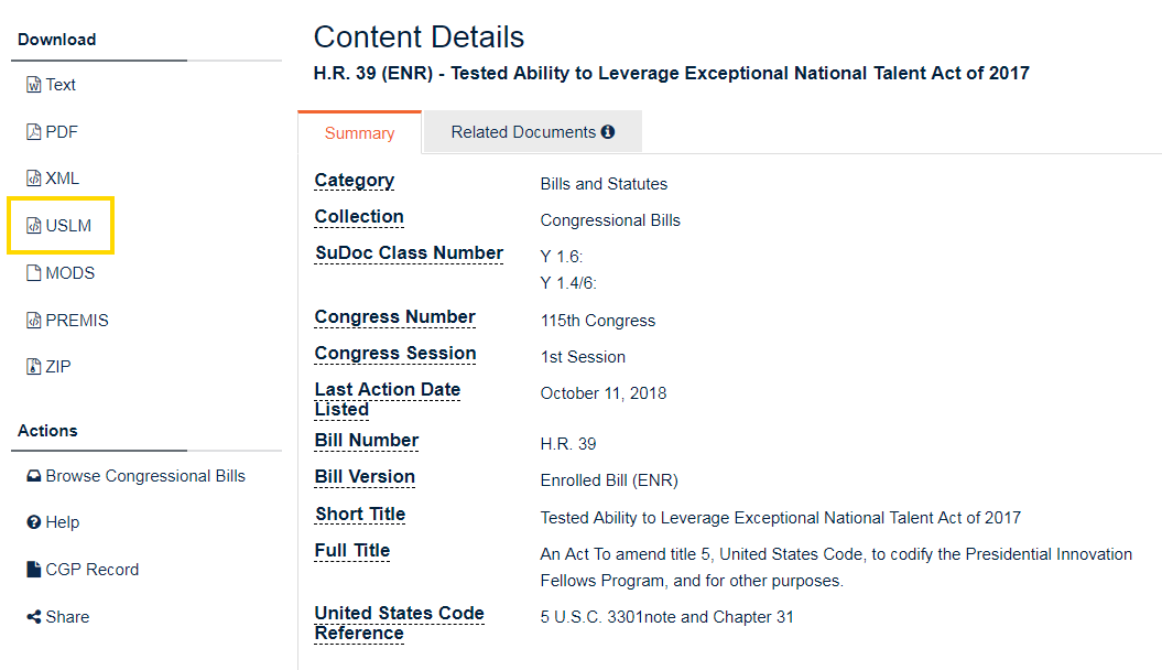 Example of a bill Detail page with the USLM download link highlighted