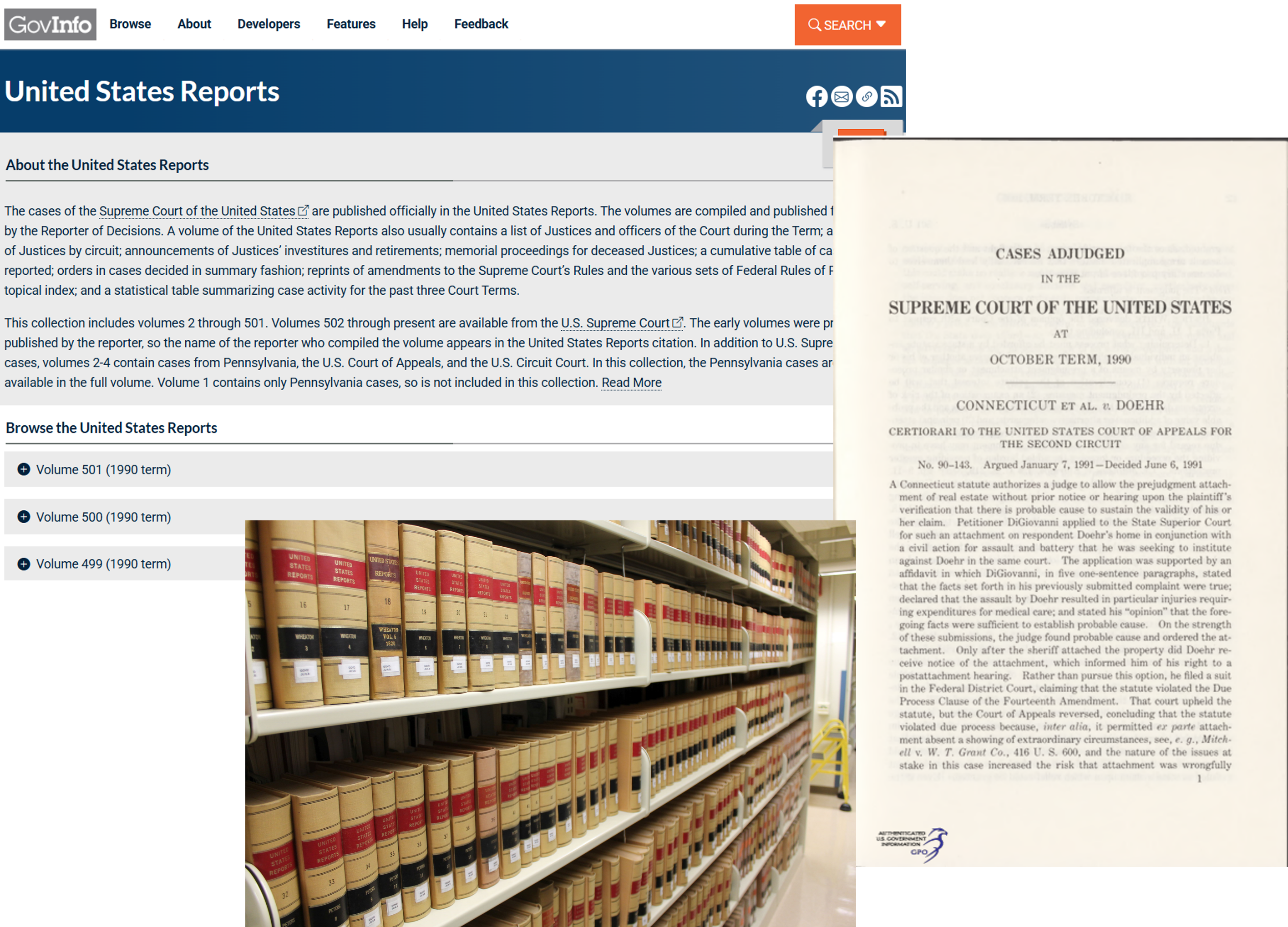 Image of the U.S. Reports browse, a page of Connecticut v Doehr, and bookshelves. Source: GPO