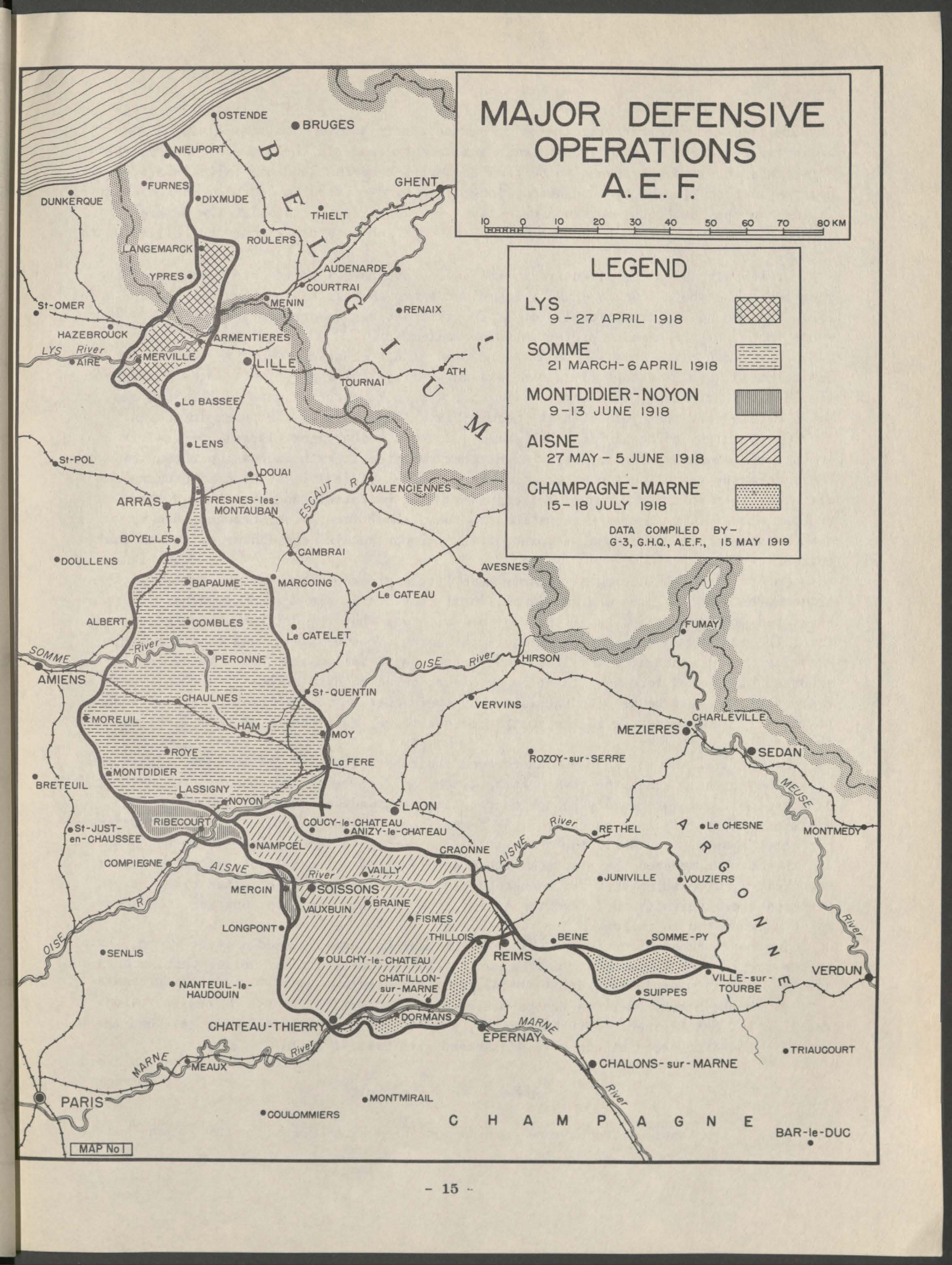 Map of major defensive operations for the American Expeditionary Forces (AEF)