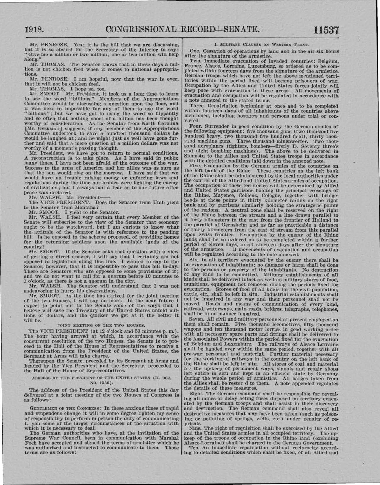 First page of the text of President Wilson's address to Congress as printed in the Bound Congressional Record