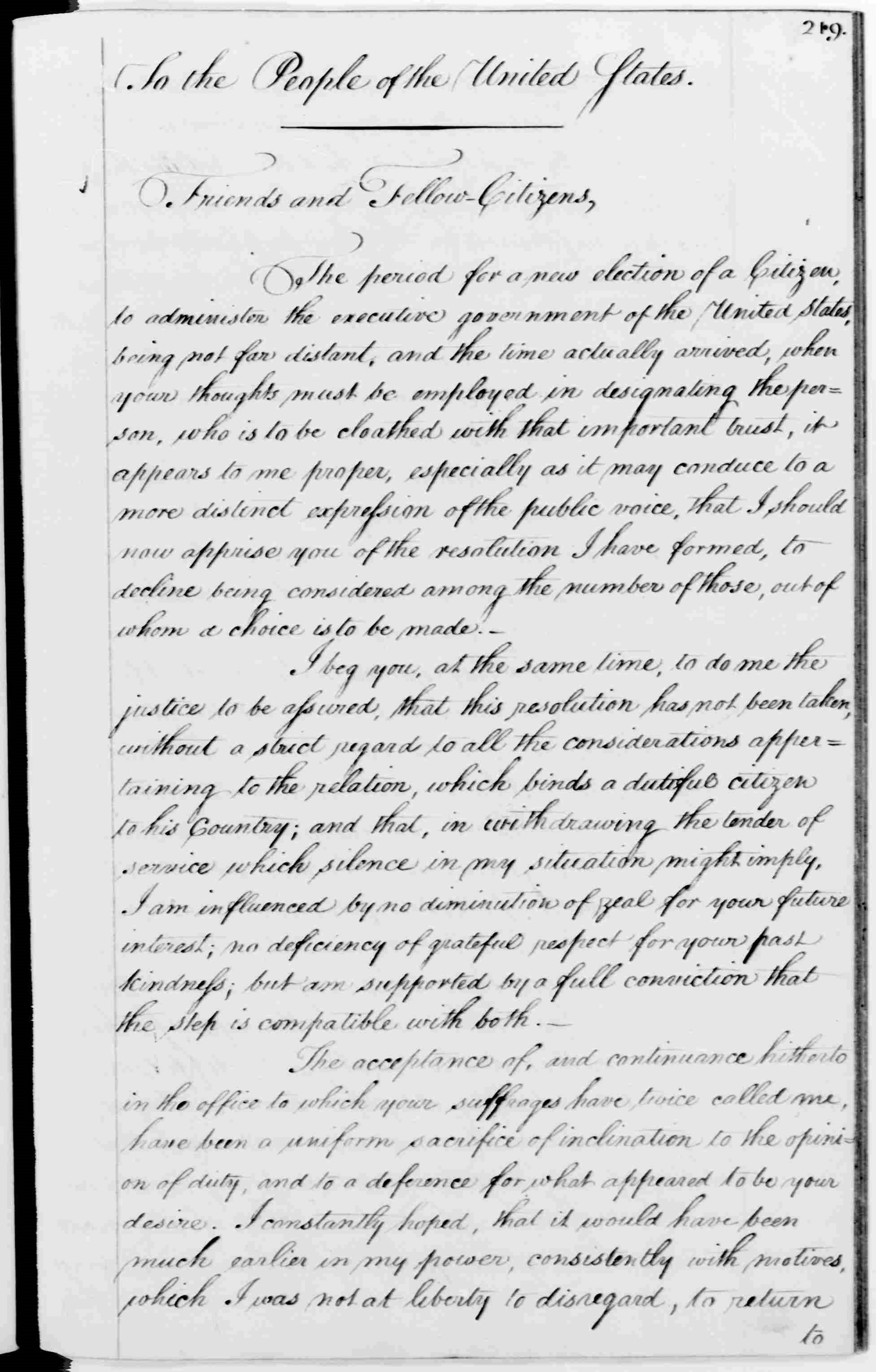 An excerpt of Washington’s Farewell Address, September 19, 1796. Source: Library of Congress.