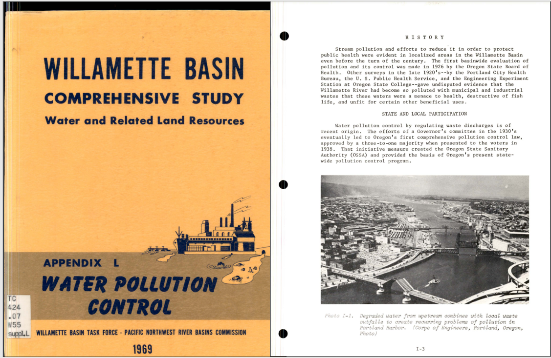 Cover and page from Willamette Basin Comprehensive Study of Water and Related Land Resources, Appendix L Water Pollution Control, (1969).