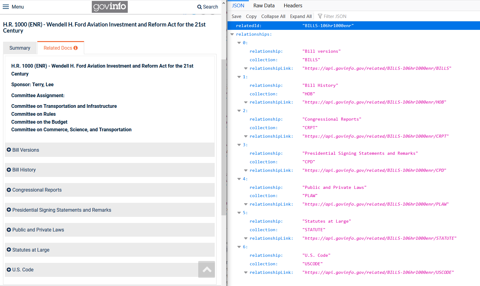 side-by-side screenshot showing the related documents feature on the GovInfo website and the equivalent functionality in the GovInfo API
