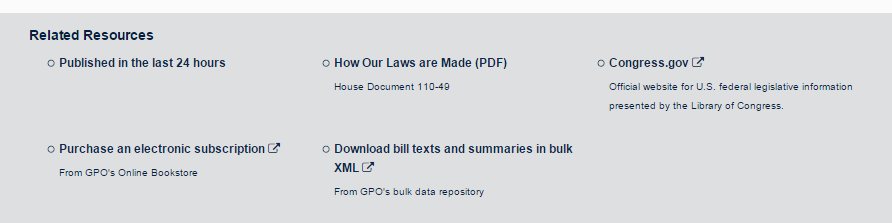 Related resources section of the Congressional Bills browse page.