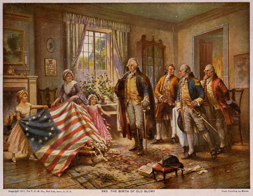 Painting of Betsy Ross showing the United States flag to George Washington and others. Credit: Moran Percy, artist. “The Birth of Old Glory,” 1917.  Source: Library of Congress, Prints and Photographs Division, Reproduction Number LC-USZC4-2791