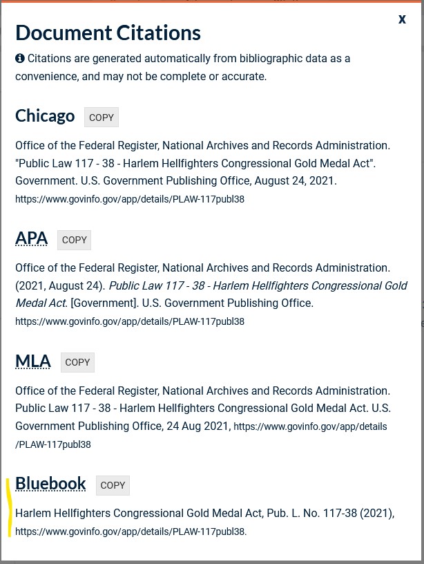 Image showing the new Bluebook citation style as part of the Bibliographic Generator