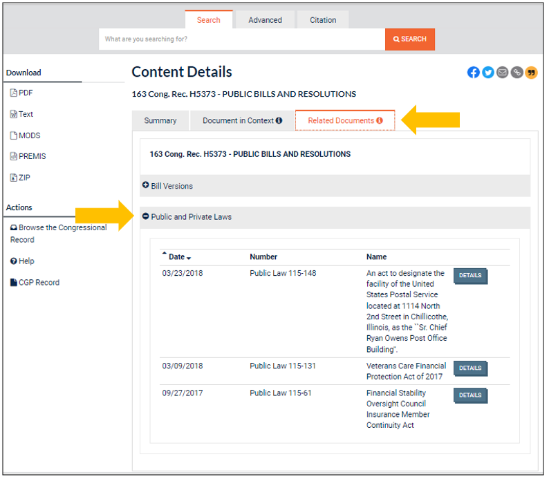 Image of Details page Related Public Laws to Congressional Record.
