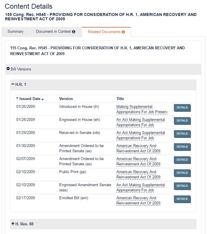 Screenshot of Related Documents tab on a Congressional Record Details page