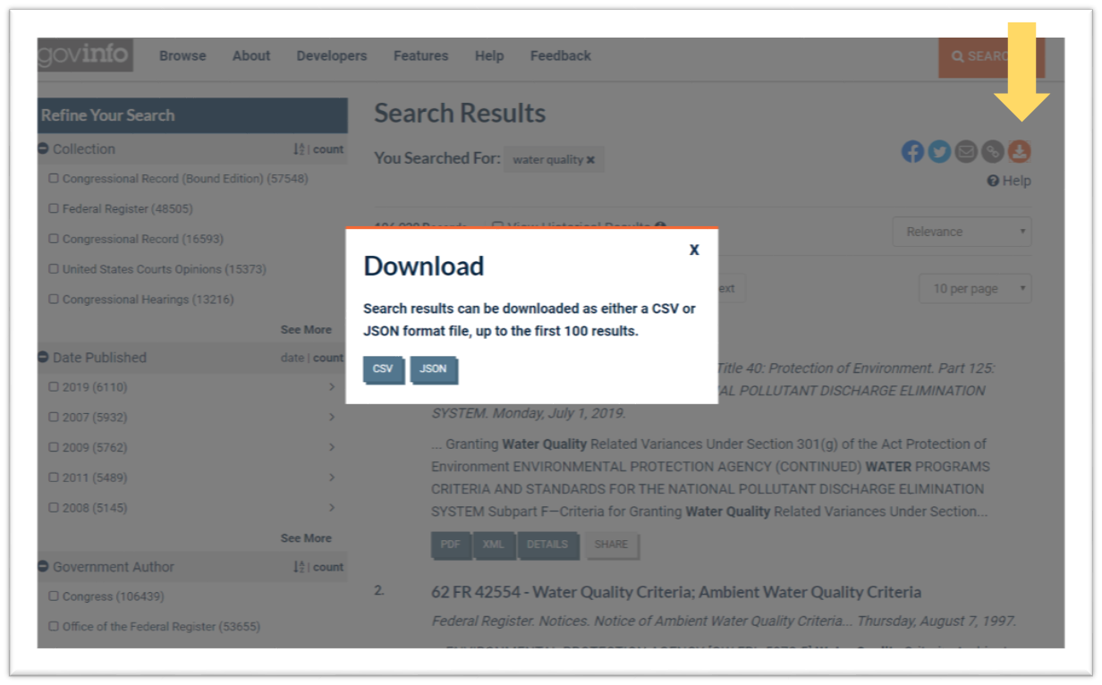 Screenshot of download options from Search Results