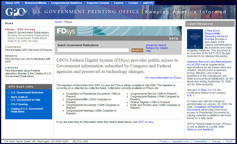 Screenshot of the FDsys website homepage in 2009.