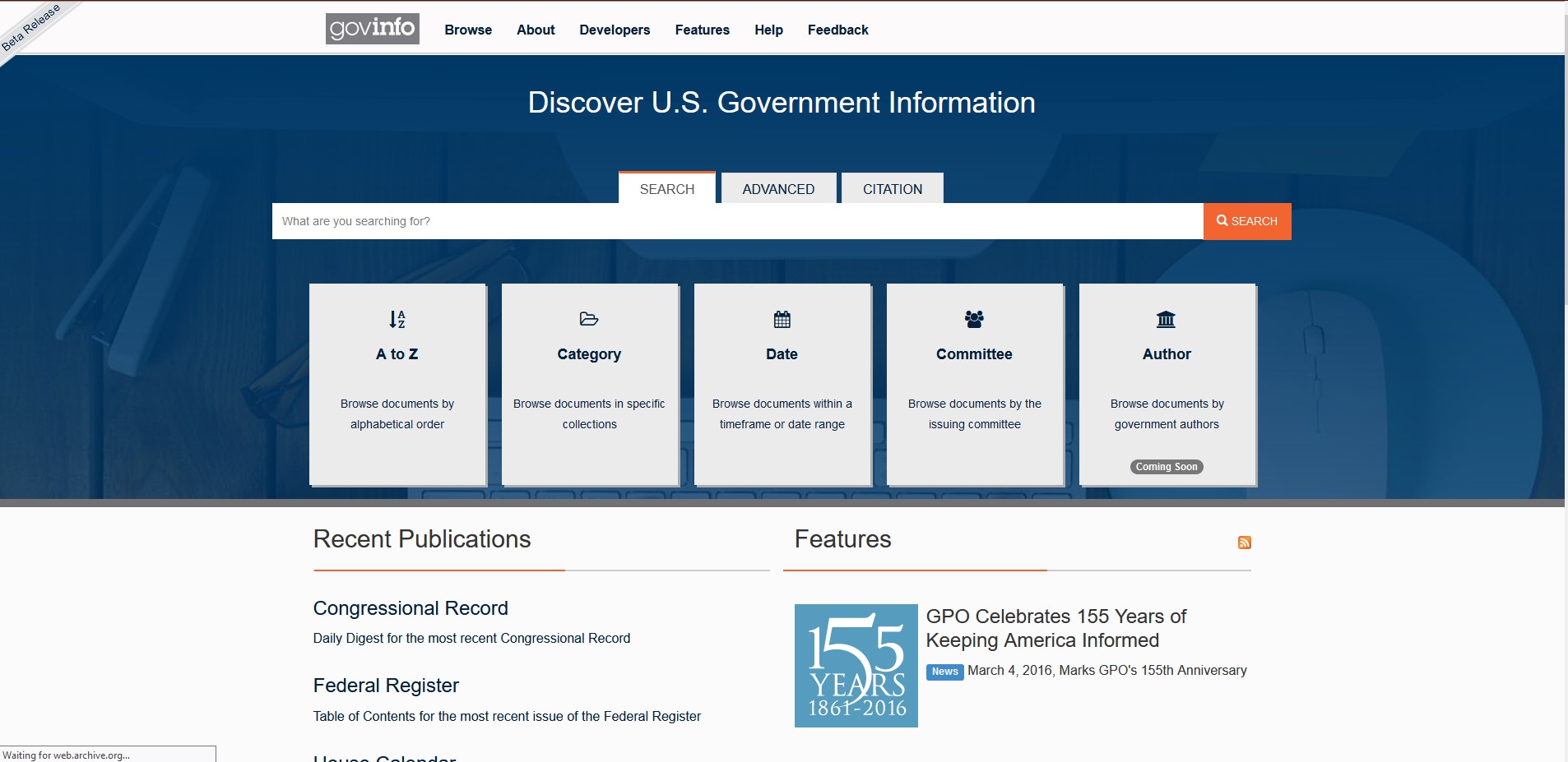 Screenshot of the GovInfo website homepage in 2016.