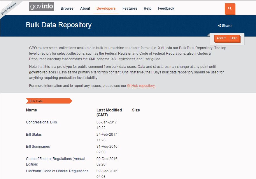 GPO's Bulk Data Repository on govinfo