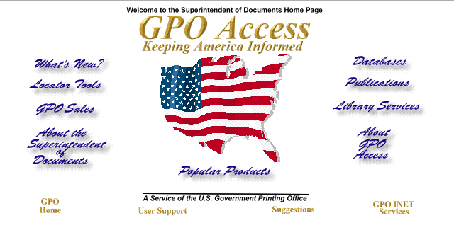 Screenshot of the GPO Access website homepage in 1999.