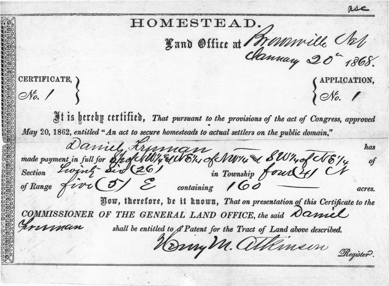 Homestead certificate of Daniel Freeman, Source: archives.gov. 