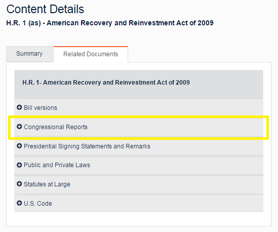The Congressional Reports section is highlighted on a screenshot of the Related Documents tab of a sample Congressional Bill Details page.