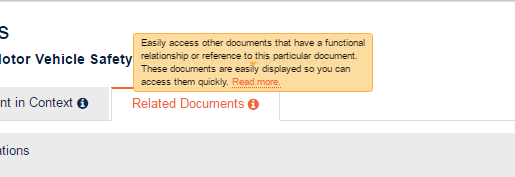 Screenshot of in-context help information available for the related documents tab