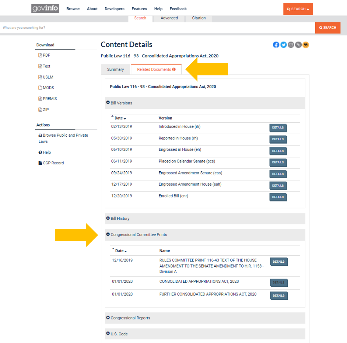 Image of Related Committee Prints on a Public Law Details page.